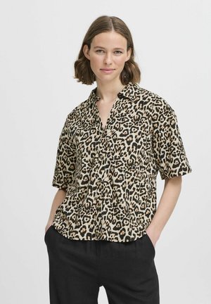 Camicia button-up a maniche corte, con motivo leopardato in beige e nero. Presenta un colletto e una vestibilità comoda, realizzata in tessuto leggero.