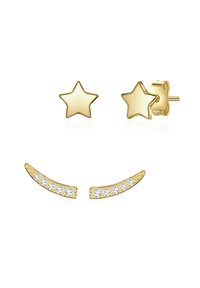 Guldtonade stjärnörhängen och böjda örhängen med klara ädelstenar, med släta ytor och en polerad finish.