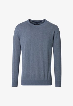 Light blue, long-sleeve sweater with a round neckline and ribbed cuffs and hem. Made of soft, smooth material with a subtle texture.
