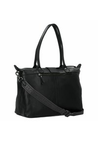 Borsa tote in pelle nera con doppi manici e una tracolla regolabile. Presenta una tasca frontale con zip e dettagli in superficie texturizzati.
