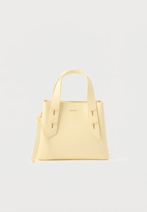 Lille struktureret lys gul håndtaske med to øverste håndtag og en lynlåsklap på en ensfarvet hvid baggrund.