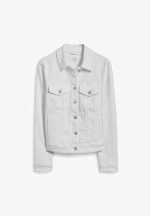 White denim jacket with long sleeves, a collar, front flap pockets, silver-tone buttons, and vertical stitching details.