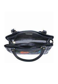 Zwarte leren handtas met twee hengsels, voorzien van een bedrukte bloemenontwerp en een grijs patroon aan de binnenkant. Heeft meerdere vakken, waaronder een met een rits.