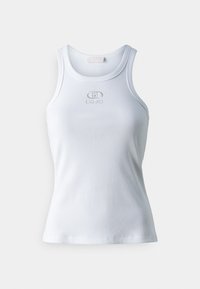 Vit ribbad linne med rund halsringning och silverbroderad logotyp i mitten fram.