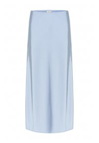 Hellblauer Satin-Midirock mit glatter Textur, A-Linien-Silhouette und elastischem Bund. Keine sichtbaren Beschläge oder Muster.