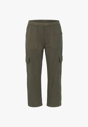 Mørkegrønne cargobukser med elastisk taljebånd, to forlommer med lapper og klaplommer på begge lår, lige snit.