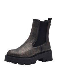 Bottines chunky noires avec une finition en bronze métallique, panneaux latéraux élastiques et une semelle en caoutchouc épaisse et texturée pour l'adhérence.