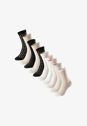 Set van tien sokken in verschillende kleuren: zwart met hartjes, effen beige, zwart met ronde patronen en roze/witte strepen. Zacht stof, midden kuitlengte.