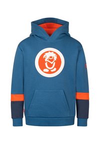 Blauer Hoodie mit orangefarbener Innenausstattung, Fronttasche im Kängurustil, orange- und marineblaue Farbfelder an den Ärmeln und ein orangefarbenes rundes Logo mit einem cartoonartigen Gesicht.