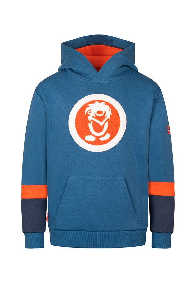 Blauer Hoodie mit orangefarbener Innenausstattung, Fronttasche im Kängurustil, orange- und marineblaue Farbfelder an den Ärmeln und ein orangefarbenes rundes Logo mit einem cartoonartigen Gesicht.