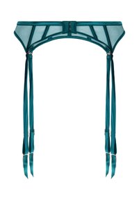 Teal mesh kousenband met satijnen accenten, voorzien van verstelbare banden en gouden hardware, ontworpen voor het bevestigen van kousen.