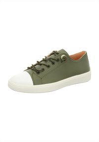 Olive green leather sneaker with white rubber toe cap, lace-up design, and textured sole. Features a smooth finish and no visible patterns.