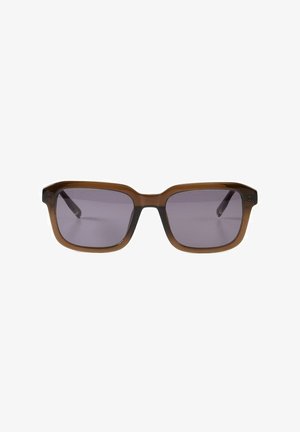 Rechteckige braune Sonnenbrille mit dunkelgrauen Gläsern, geraden Bügeln und einem dezenten Nasensteg.