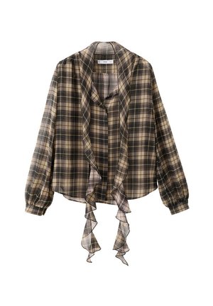 Blouse à manches longues à carreaux avec col à lavallière volanté dans des tons marron, noir et beige, dotée de poignets boutonnés et d’un tissu léger.
