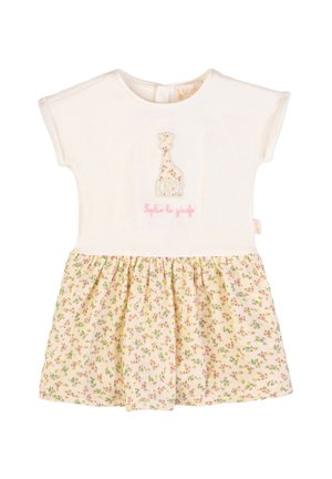 Vestito bianco per bambina con maniche corte, gonna floreale e applicazione di una giraffa con testo "Sophie la girafe" sul petto.