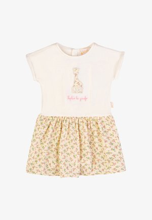 Vestito bianco per bambina con maniche corte, gonna floreale e applicazione di una giraffa con testo "Sophie la girafe" sul petto.
