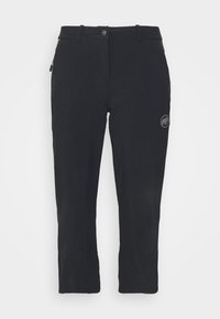 Pantalons de plein air noirs avec une texture lisse, dotés d'une poche zippée, d'une fermeture à bouton et d'un logo discret sur la cuisse. Coupe ajustée, tissu léger.