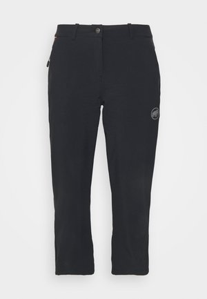 Black outdoor pants with a smooth texture, featuring a zip pocket, button closure, and a subtle logo on the thigh. Tailored fit, lightweight fabric.