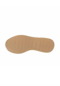 Suola di scarpa in gomma color beige con superficie piatta e testurizzata; presenta motivi rettangolari e impresso il logo; bordi lisci per comfort e aderenza.