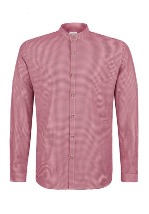 Red and white small checkered long-sleeve shirt with mandarin collar and front button closure on a white background.