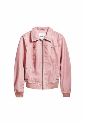 Rosa Jeansjacke mit einem Reißverschluss vorne, zwei Seitentaschen, gerippten Bündchen und Kragen. Verfügt über gestickte Details und einen leicht verkürzten Schnitt.
