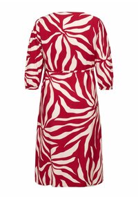 Robe midi rouge avec un motif abstrait de feuilles blanches audacieuses, manches longues avec poignets élastiques, et une ceinture à nouer à l'arrière.