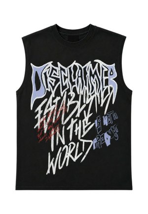 Maglietta nera senza maniche con testo in stile graffiti in grassetto bianco, blu e rosso con la scritta "Disclaimer Fast Blazer in the World."