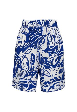 Blå og hvide shorts med abstrakte blade- og blomsterprint samt elastisk taljebånd.