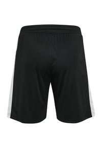 Zwarte sportshorts met witte zijstrepen, elastische tailleband en mid-dij lengte, weergegeven van achteren.