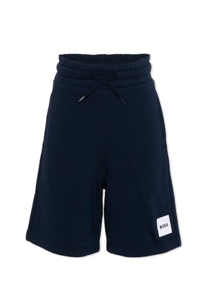 Pantaloncini blu navy alla ginocchia con vita elastica e coulisse, con logo a patch bianco con la scritta "BOSS" sulla gamba sinistra.