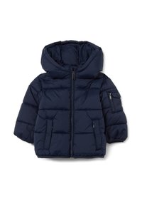 Giacca puffer blu navy con cappuccio, chiusura con zip frontale e due tasche laterali. Caratterizzata da una texture trapuntata e una piccola tasca con zip sulla manica.