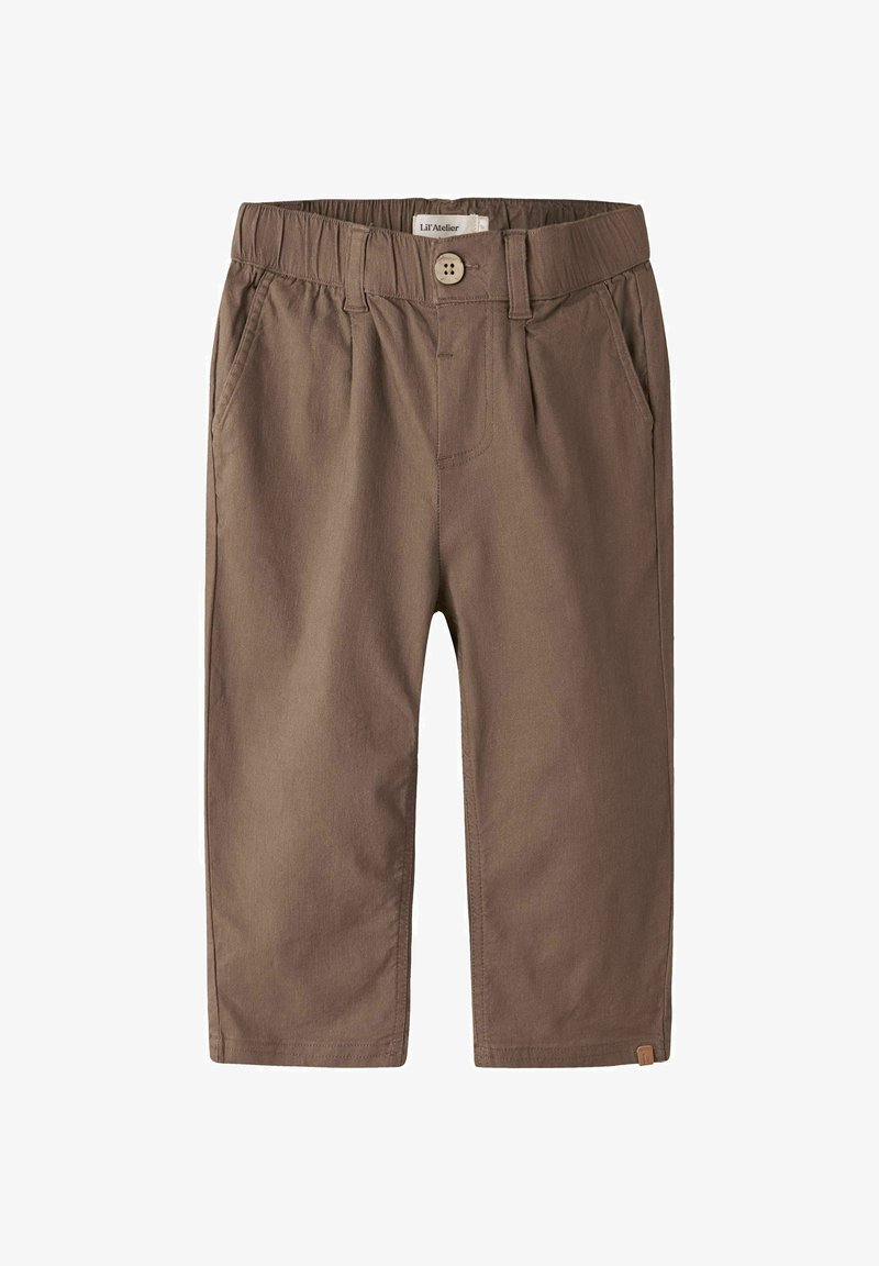Pantalon brun pour tout-petit avec taille élastique, fermeture par bouton, poches latérales et jambes droites.