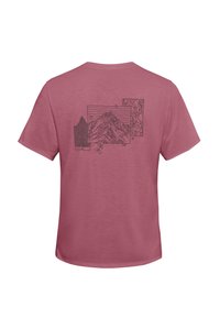 T-shirt à manches courtes couleur rose poussiéreux avec un graphique noir de montagnes et de formes géométriques au dos. Tissu doux et léger.