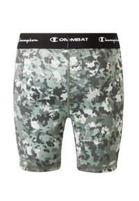 Zielone i szare spodenki sportowe w kamuflażu z czarnym pasem, na którym widnieją loga "Champion" i "Combat", wykonane z elastycznego materiału.