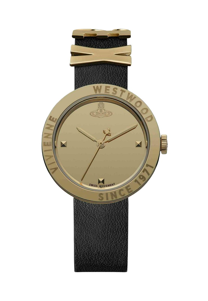 Gold-tone round watch with a black leather strap, featuring a minimalist dial, square hour markers, and engraved brand details.