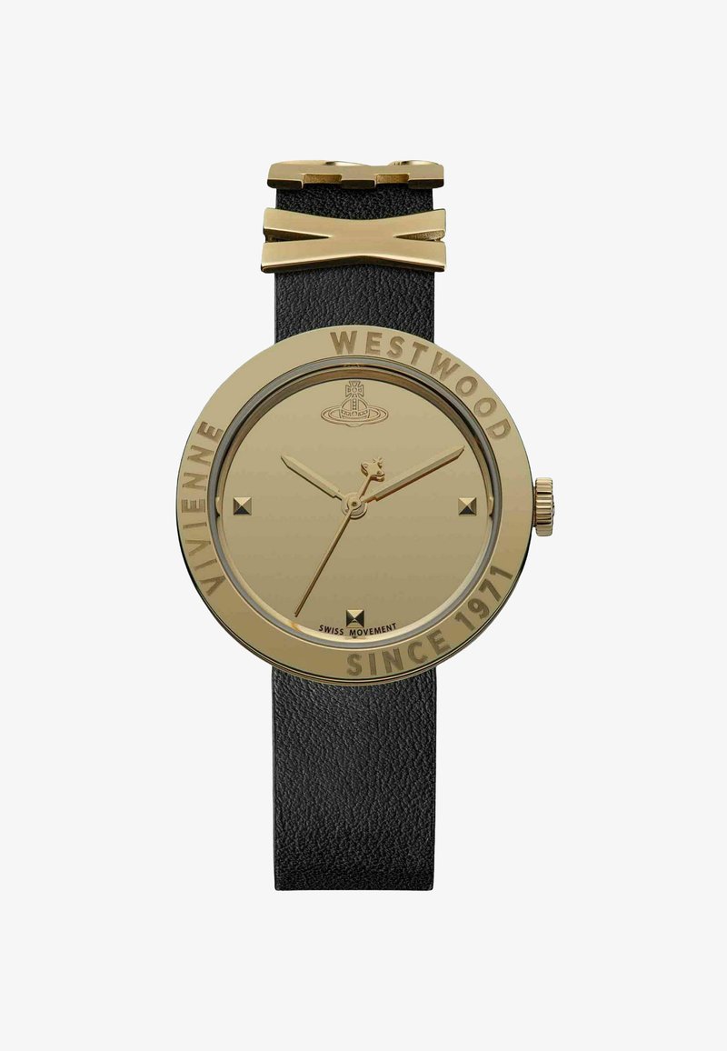 Gold-tone round watch with a black leather strap, featuring a minimalist dial, square hour markers, and engraved brand details.