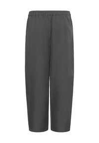 Pantalon court léger gris avec une ceinture élastique, présentant une coupe droite et une texture lisse. Couleur unie simple sans motifs.
