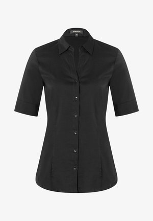 Black short-sleeve button-up shirt with a classic collar, featuring a smooth texture and six front buttons. Simple design with a fitted shape.