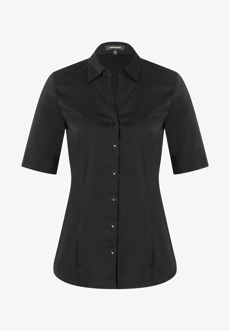 Schwarzes kurzärmeliges Hemd mit Knöpfen und klassischem Kragen, das eine glatte Textur und sechs vordere Knöpfe aufweist. Einfaches Design mit tailliertem Schnitt.