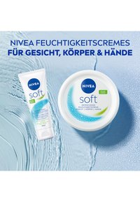 NIVEA Soft cream tube and jar feature a white color, round jar shape, smooth texture, with blue and green accents on labels.