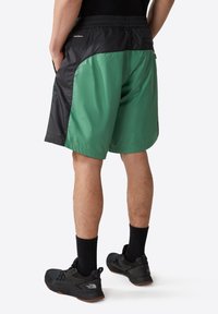 Shorts de sport vert et noir avec une taille élastique, présentant une texture lisse et des panneaux latéraux contrastés. Logo notable au dos.