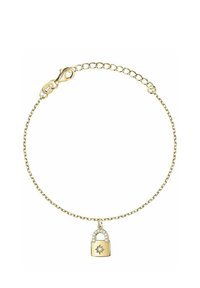 Bracciale in oro con ciondolo a forma di piccolo lucchetto, decorato con pietre trasparenti e un motivo a stella, dotato di chiusura a molla.
