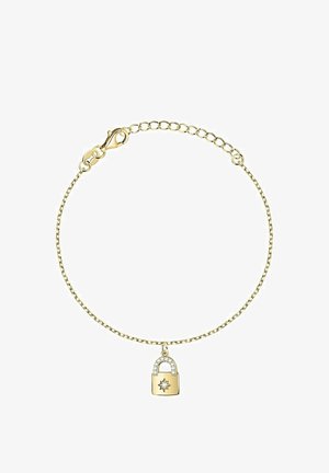Bracciale in oro con ciondolo a forma di piccolo lucchetto, decorato con pietre trasparenti e un motivo a stella, dotato di chiusura a molla.