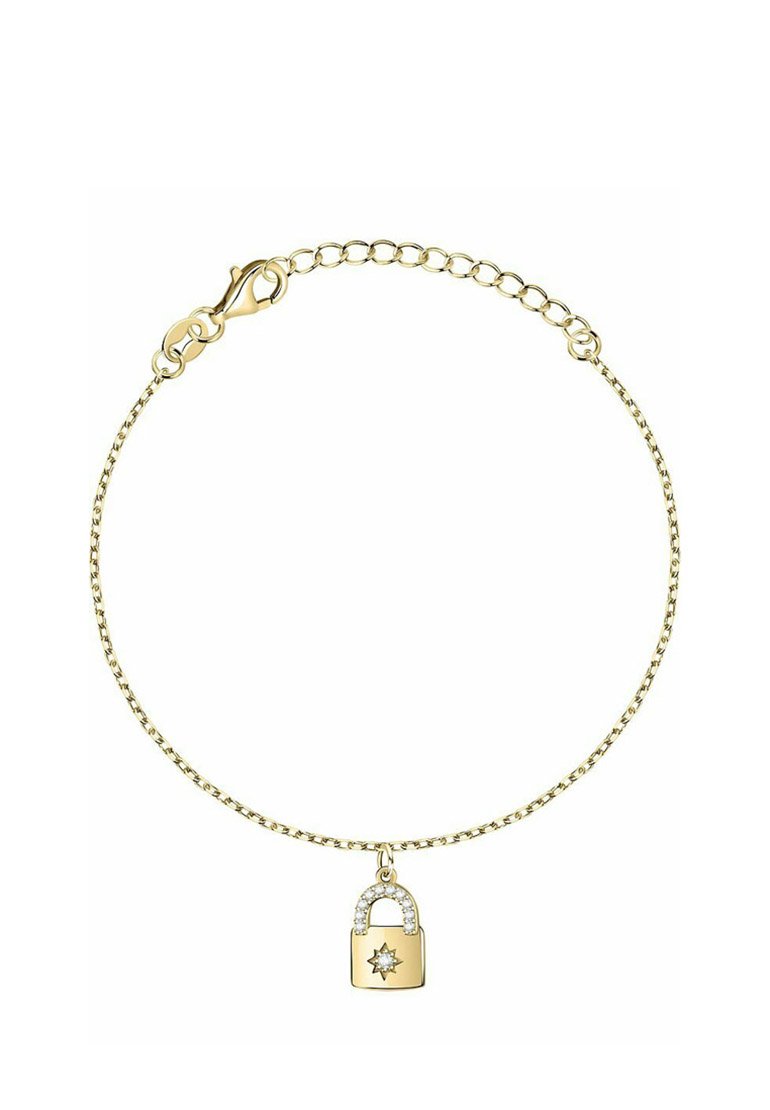 Gouden schakelarmband met een klein hangslot-hanger, versierd met heldere stenen en een sterontwerp, voorzien van een kreeftsluiting.