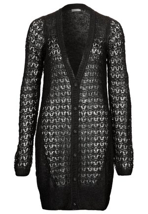 Long cardigan noir en maille avec motif en dentelle semi-transparent, col en V, manches longues et six boutons devant.
