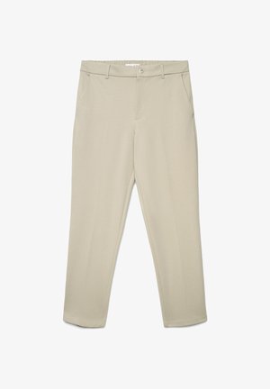 Pantaloni beige realizzati in materiale liscio, con chiusura a bottone, passanti per cintura e due tasche laterali. Design a gamba dritta senza motivi.