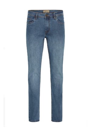 Svetlomodré denimové džínsy so slim fit strihom, dizajnom s piatimi vreckami a medeným gombíkom v páse. Majú mierne vyblednutú textúru a vyšívané akcenty.