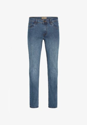 Lyseblå denimjeans med slim fit, fem lomme-design og en kobberknap i taljen. Har en let falmet tekstur og syede detaljer.