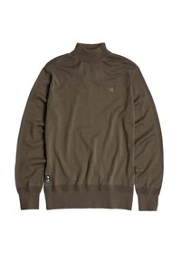 Maglione a collo alto marrone realizzato in tessuto morbido, con polsini e orlo a costine, dotato di un piccolo logo sul petto e un’etichetta laterale.