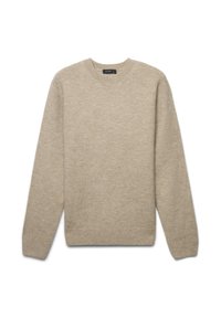 Maglione beige lavorato a maglia in morbida lana, con collo rotondo, maniche lunghe e polsini e orlo a coste. Design semplice e testurizzato.